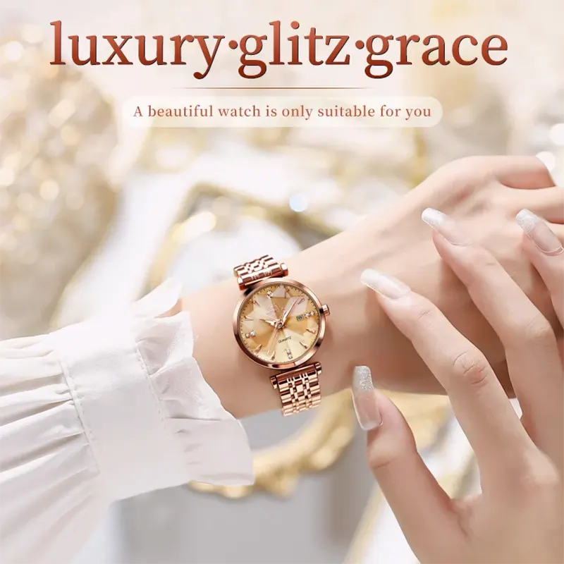 Olevs Luxury Rose Diamond Dial Rose Gold Ladies Watch | 5536